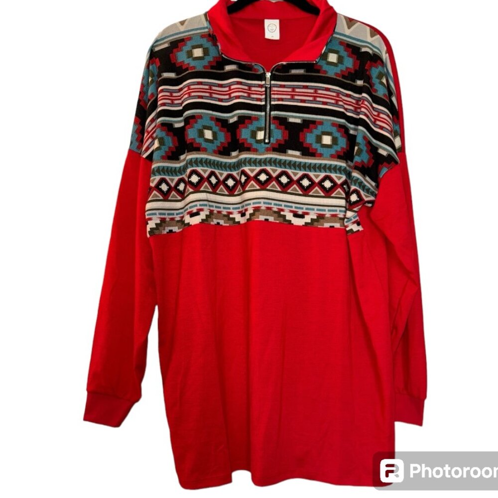Sunshine & Rodeos Women's Shacket Aztec 1/4 Zip Light Weight Pullover Stretch XL